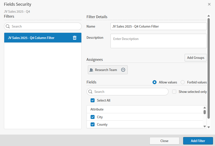 Fields security work area