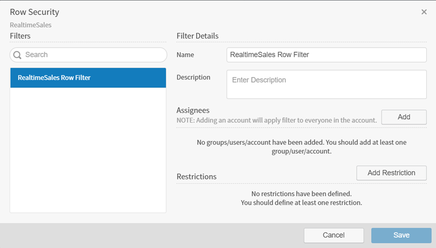 Define your row security filters in this work area
