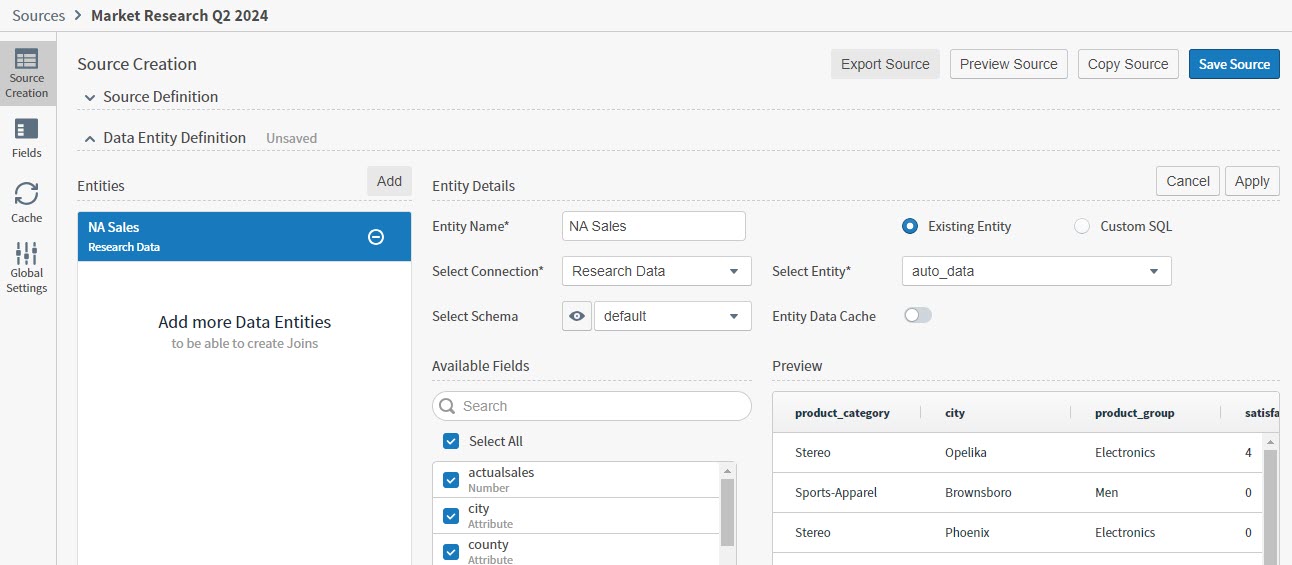 use this work area to define one or more data entities to create your source