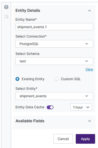 Use this work area to define your entity, schema, connection, available fields, and more along with caching settings, if available.