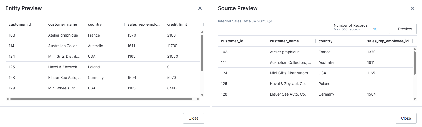 Entity Preview includes all fields. Source preview only includes fileds selected for inclusion.