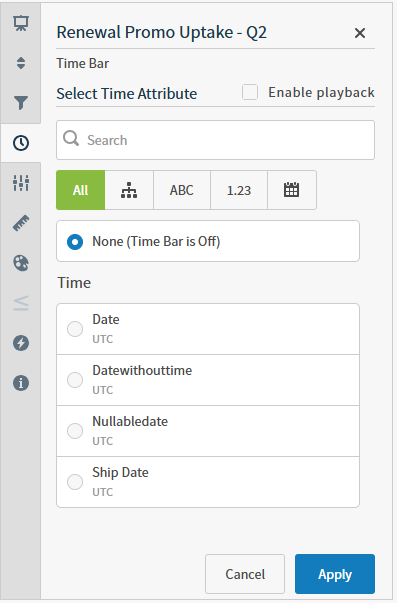 define the time attribute to use in the time bar, turn the time bar off, and enable playback for live data as applicable