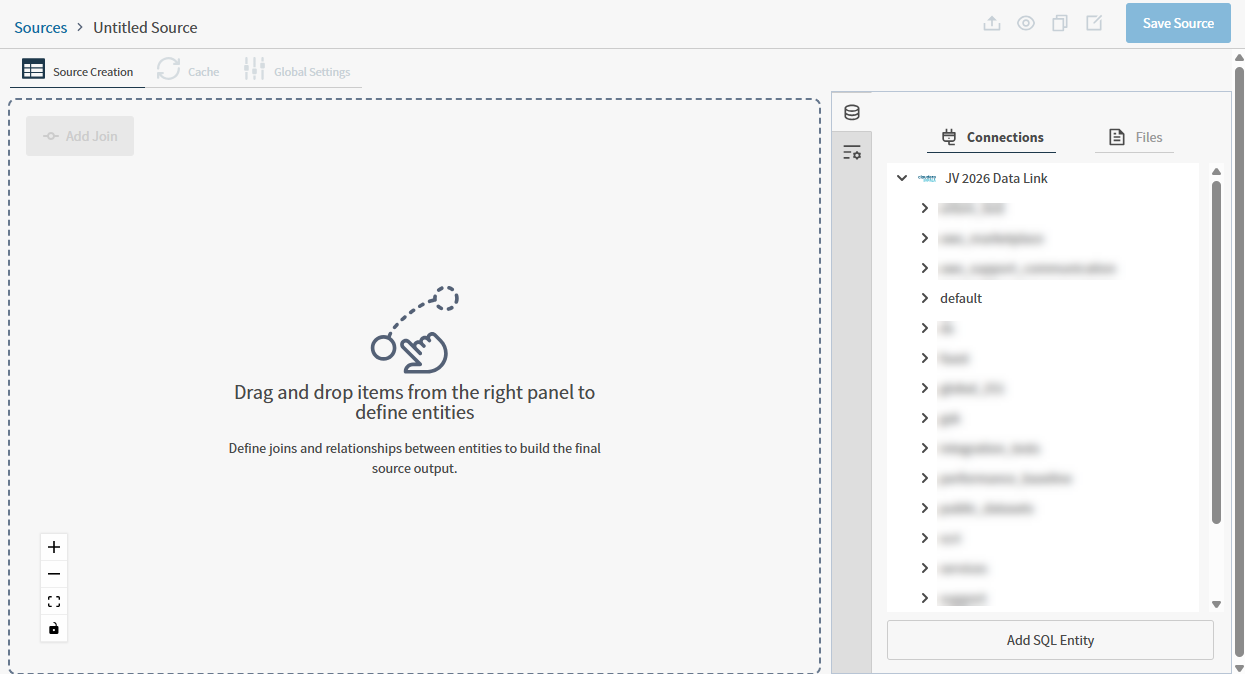 use this work area to create your source and define the data entities and relationships it contains