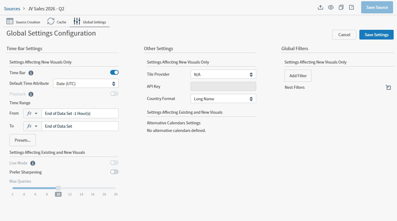 Use this work area to define time bar settings, global filters, and other settings for a source.
