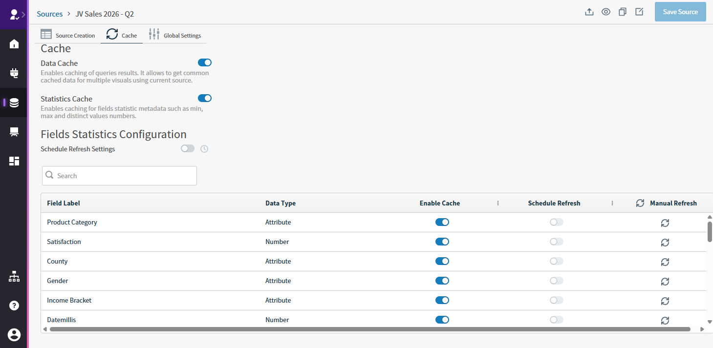 use this work area to define data cache settings, statistics stash settings, schedule refresh settings, enable caching for fields, or manually refresh one or more fields.