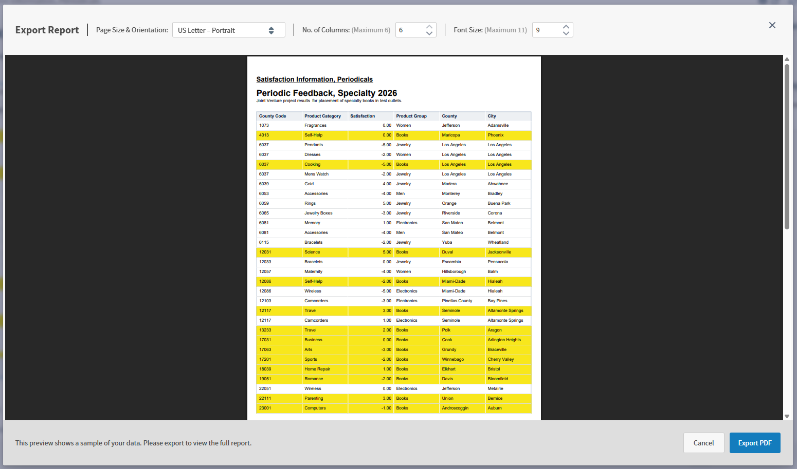 Use this work area to preview your report before committing to an export