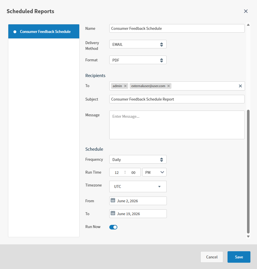 Use this dialog box to schedule reports for you and other users.