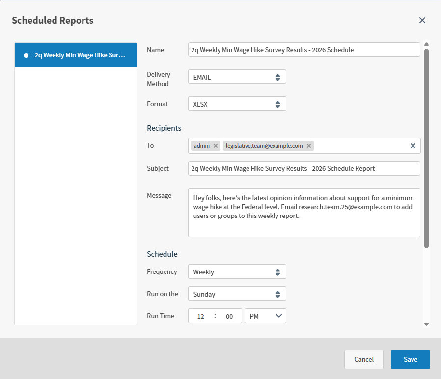 Use this work area to schedule or update self service and dashboard reports